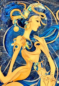 a painting of a woman in blue and gold