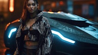 a woman standing next to a futuristic car at night