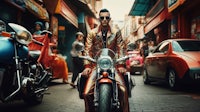 a man sitting on a motorcycle in a city street