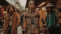 a group of asian men standing in an alleyway